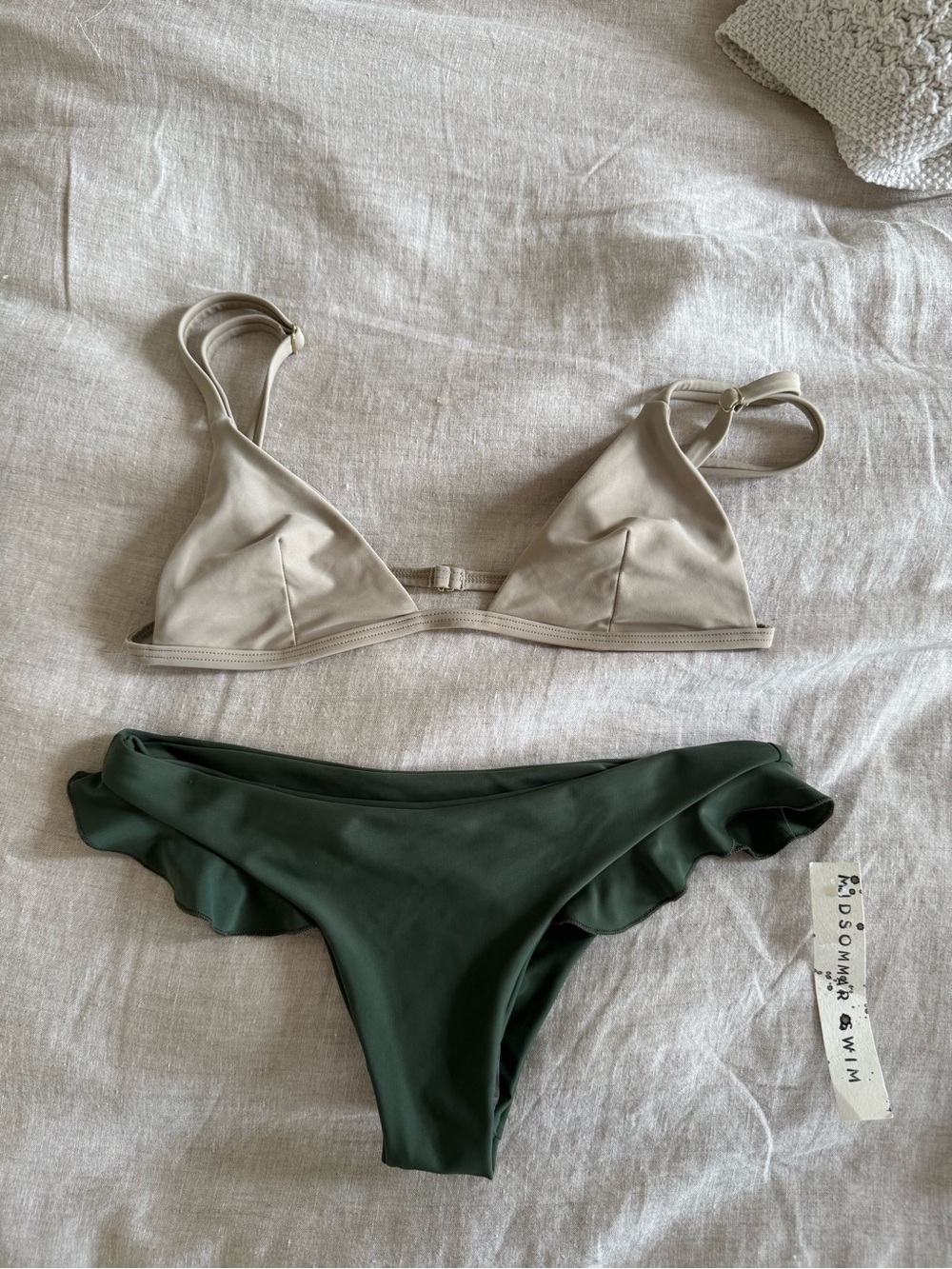 Two-Tone Women's Bikini Set - Beige Top & Dark Green Bottom